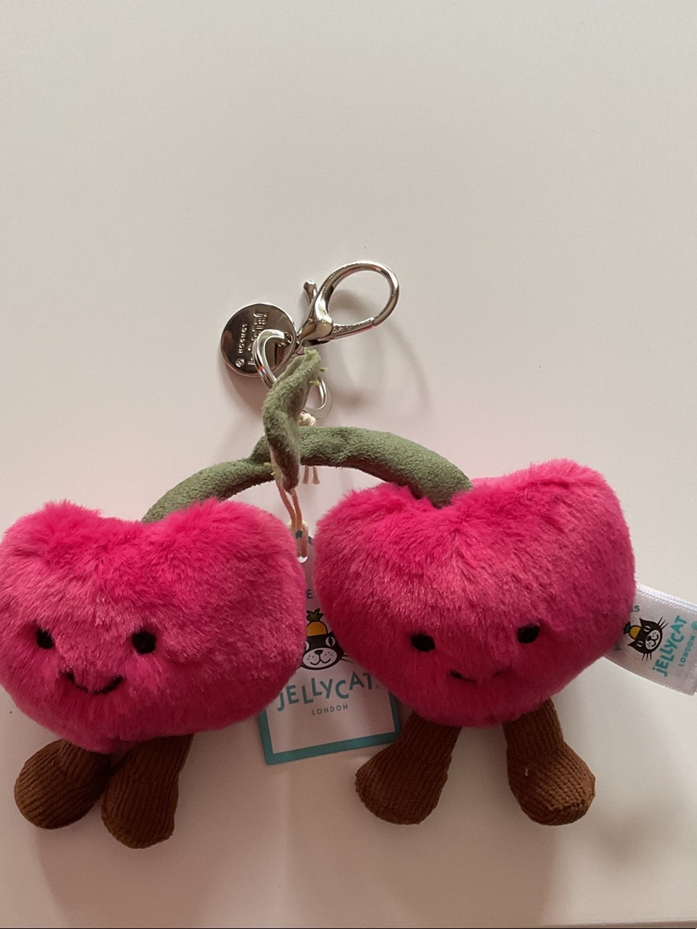 Jellycat Hot Pink Cherry Plush Keyring with Green Stem